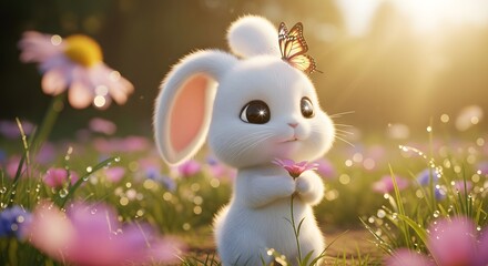 Obraz premium Fluffy 3D white bunny holding a small flower with a butterfly on its head. Peaceful garden and magical nature. Cute rabbit character sitting in a field of wildflowers at sunset.
