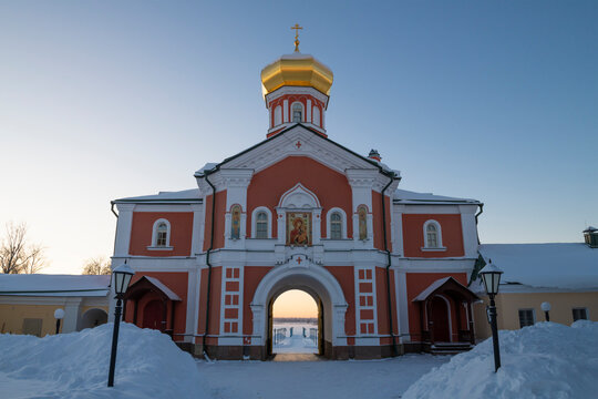 Church of Philip Metropolitan of Moscow (1874) in the Valdaisky Iversky monastery on a January evening. Valdai, Novgorod region