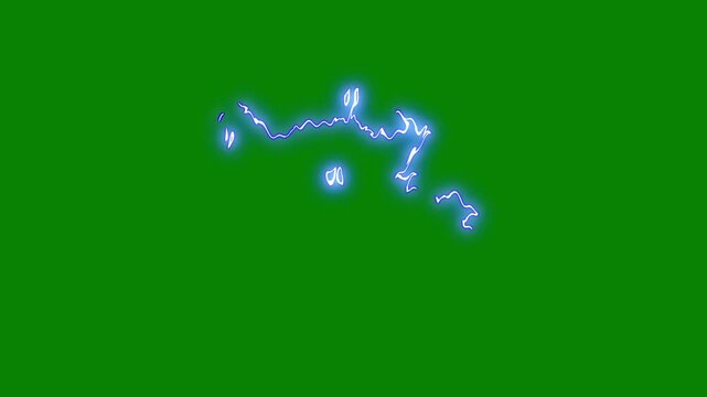 Electric storm lightning strike overlay FX on green screen background with dramatic blue thunder flash and radiant energy beam lines, seamless loop cinematic animation effect in 4k