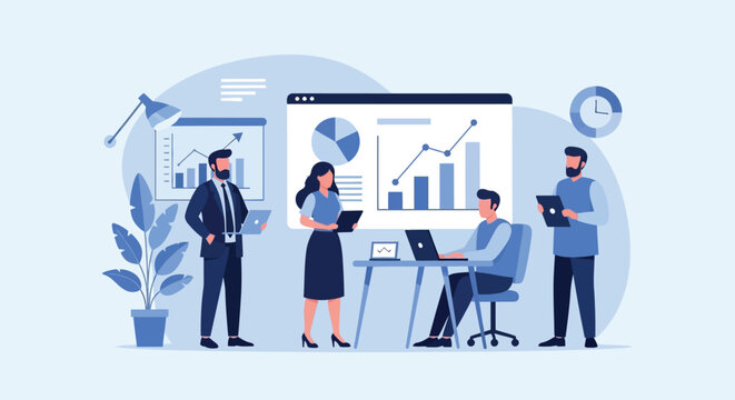 Business professionals collaborating in a modern office environment with charts and graphs displayed on a large screen from a front viewpoint as seen in BSNS 10.eps
