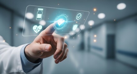 Fototapeta premium Doctor interacting with virtual medical interface in hospital corridor