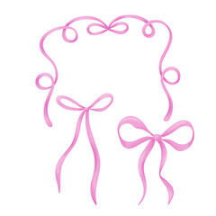 Watercolor pink bows set, ribbon silk, illustration for design and print.