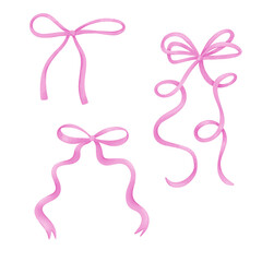 Watercolor pink bows set, ribbon silk, illustration for design and print.