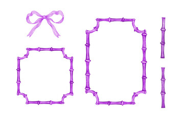 Watercolor purple bamboo stems frames set, for decoration and print