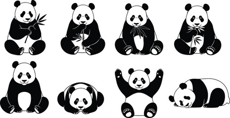 Cartoon panda, cute panda poses, bamboo eating, playful panda, sleeping panda, wildlife illustration, animal character, children activity, vector art, flavector © MdMasud