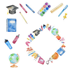 Frames set with watercolor school supplies, back to school copy space design.