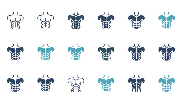 Male torso vector icon, muscular chest and abs symbols, fitness and health illustration, gym workout design, anatomy logo concept, male body vector.