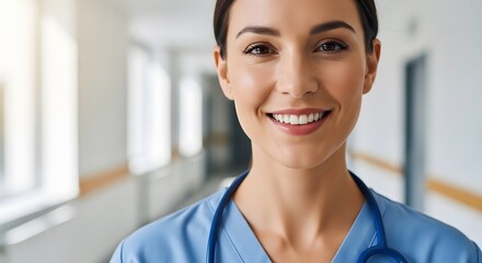 Fototapeta premium Smiling female nurse standing in hospital corridor