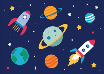 Naklejka premium An illustration of various planets, two rockets, and Earth against a deep blue cosmic background, representing space exploration.