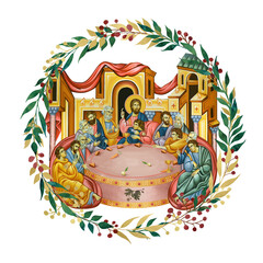 Naklejka premium Holy Communion. The Last Supper. Decorative vintage floral wreath, illustration in Byzantine style isolated