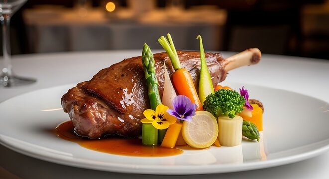 Elegant roasted lamb dish garnished with seasonal vegetables on a fine dining plate. pierna cordero