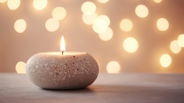 Warm Candle Flame Glows Softly with Bokeh Background