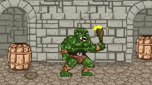 Pixel art animation of a game featuring a medieval ogre with his club in a village, 2D, pixel art.
