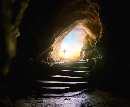 Tomb Empty With Shroud And Crucifixion At Sunrise - Resurrection Of Jesus Christ