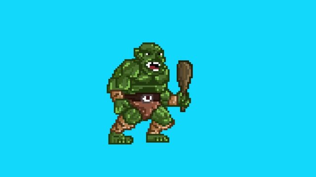 Pixel art animation of a game featuring a medieval ogre with his club on a blue background, 2D, pixel art.