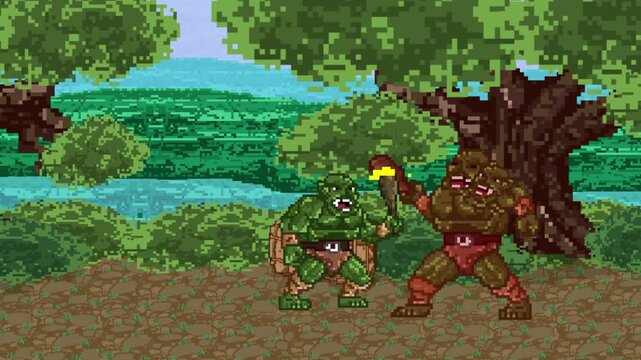Pixel art animation of a game featuring a medieval ogre with his club in the forest fighting another large ogre, 2D, pixel art.
