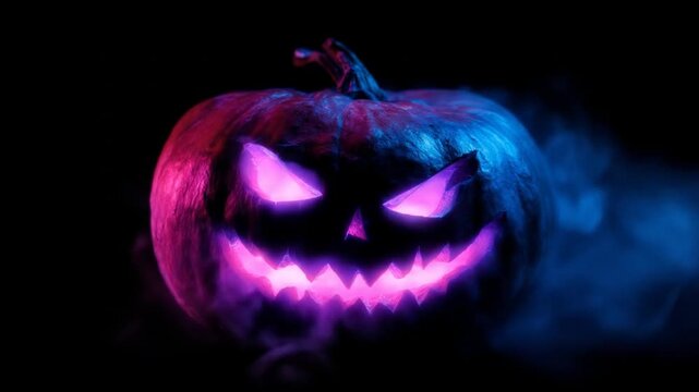 Glowing halloween pumpkin with fiery eyes and smoky effect on black
