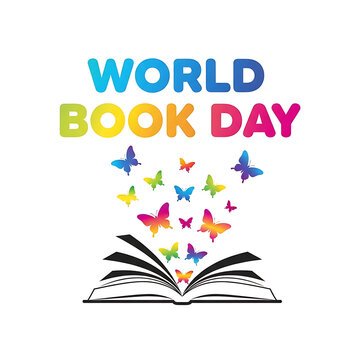 World book day colorful typography with flying rainbow butterflies art
