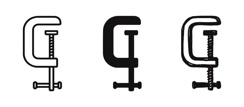 C-Clamp icon set in outline, solid, and hand-drawn doodle styles. Workshop and woodworking tool symbol.