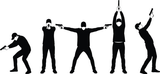 Armed man silhouette set in different shooting poses with handgun isolated on white background tactical action vector illustration collection © Art_By_Aktarina