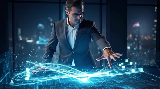 Man interacting with digital data flow on a virtual screen, orchestrating information in a cityscape office environment