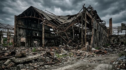 Fototapeta premium Ruined Industrial Factory with Collapsed Roof and Twisted Steel Beams