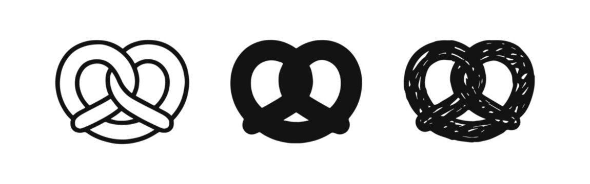 Pretzel icons set. Outline, solid, and doodle style traditional baked snack illustrations.