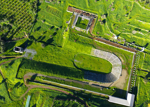 Aerial view of Ancient Messene ruins in Peloponnese Region of Greece, a world heritage site
