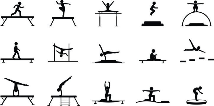 Gymnastics silhouette set with athletes performing balance beam vault parallel bars and floor exercises isolated on white background black vector illustration