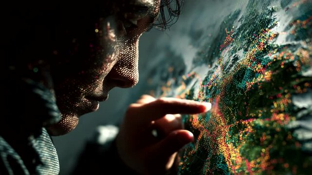 Person exploring a colorful map with focused intent