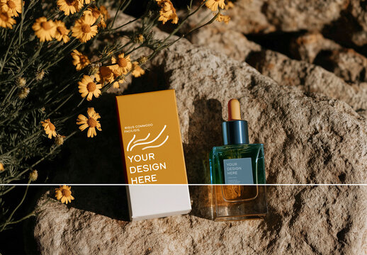 Natural Cosmetic Box and Dropper Bottle Mockup on Rocky Floral Background