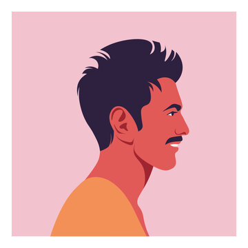 Modern flat vector portrait of a handsome young man in profile with dark styled hair and a mustache on a soft pink background. Ideal for avatars, barbershop themes