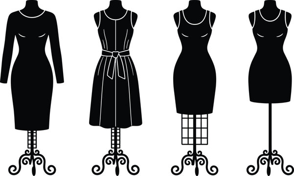 Women dress silhouette collection on mannequin stand with different elegant styles isolated on white background fashion vector illustration set