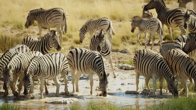 Close-up view of group of Zebras with a cute young foal drinking on river. Wild mammal animals of South Africa concept. Safari tourism. Wildlife of Tanzania. Migrating animals. Serengeti national park