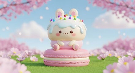 Cute bunny character sitting on a pink macaron. Spring meadow with cherry blossoms. Sweet rabbit toy with colorful sprinkles on head in a garden
