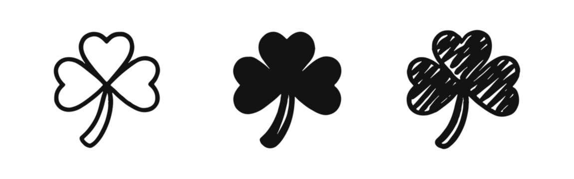 Shamrock three-leaf clover icon set. Irish symbol of luck in outline, solid, and doodle styles.