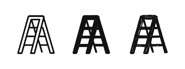 Stepladder icon set. Portable folding ladder symbol in outline, filled, and hand-drawn styles. Repair and construction tool vector. © ICONS FOR YOU