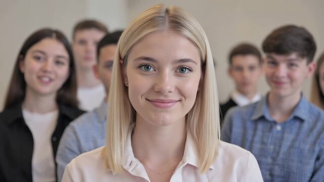 Blonde Caucasian female student smiling confidently in a group portrait with peers in the background, showcasing a bright and engaging academic environment