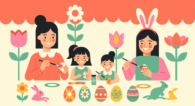 Family decorating easter eggs in festive spring setting with flowers and bunnies