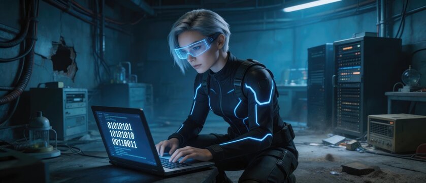Cyberpunk hacker woman using laptop with futuristic visor in high tech server room, idea for cybersecurity concept, digital hacking scene, artificial intelligence technology and cyber warfare