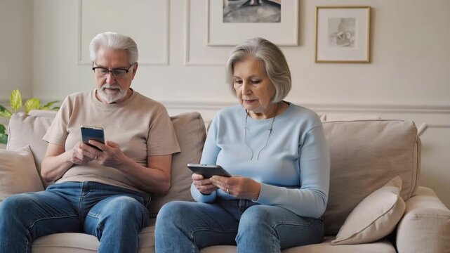Elderly couple with European appearance sitting on a sofa, engaged with smartphones, showcasing a shared moment of technology use in a cozy living room setting