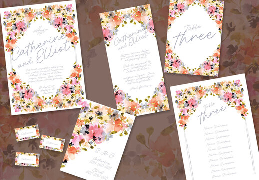 Watercolor Floral Wedding Stationery Set Mockup