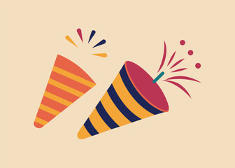 Obraz premium Two festive party poppers bursting with colorful confetti, designed with orange, teal, and yellow stripes on a light background.