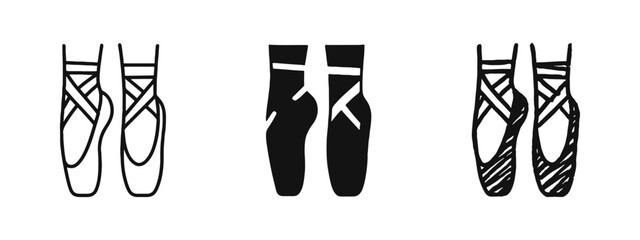 Ballet Pointe Shoes Icon Set - Classical Dance Footwear in Outline, Solid, and Hand-Drawn Styles © ICONS FOR YOU