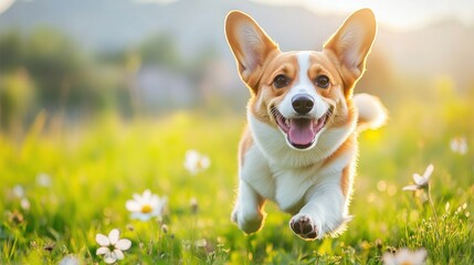 A happy Corgi dog running and bouncing on green grass