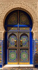 Obraz premium Vibrant Moroccan blue door, intricately carved archway, hand-painted geometric patterns, traditional tilework, exquisite cultural craftsmanship, architectural detail