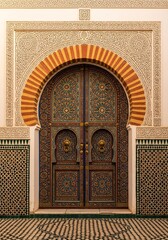 Exquisite Moroccan Wooden Door with Intricate Carvings, Horseshoe Arch, and Traditional Islamic Geometric Motifs in a Historical Setting