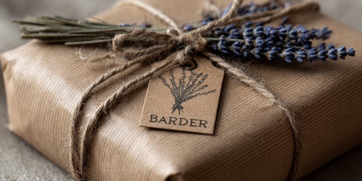 A rustic gift wrapped in brown paper and tied with twine, adorned with a dried lavender bouquet and a tag labeled "BARDER.
