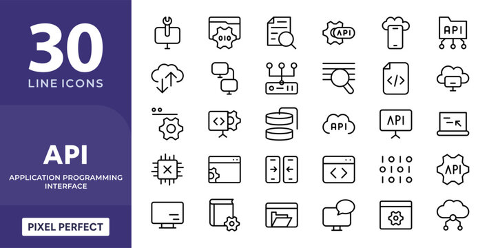 API Integration line icon set. Data exchange, automation, server, cloud sync, developer tools, vector icons set