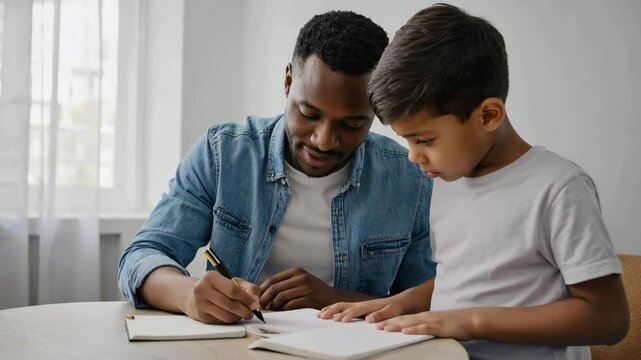 African father assists son with homework at a wooden table, writing notes in a notebook while the child observes attentively in a well-lit room
